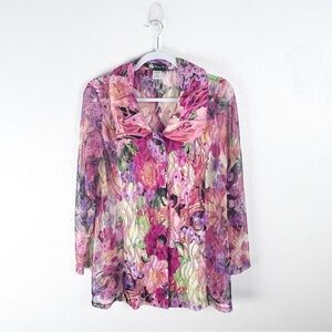 DAMEE INC. Multicolored Floral Sheer Long Sleeves Puffy Collar Button Top Small